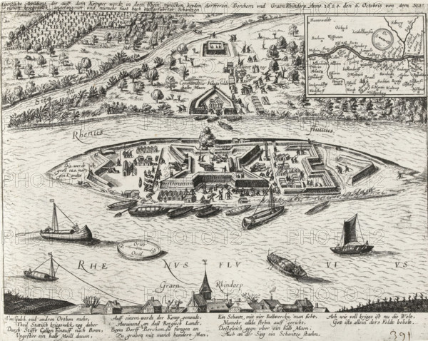 Construction of the Papenmuts fortress on Kompenwerdt, 1620, Own image of the village of the village in the Rhine between the villages of Berchem and Graen Rhindorp Anno 1620. on the 6th October Statischen kriegsvolck angefangener und numehr fast hoch auffgefuhrter Schantzen, Series 11: Varia Foreign Events, 1571-1631, print, album page, Series number, 391, 380?, Construction by the State army of the Papenmuts redoubt and other redoubts on the island of Kompenwerdt (Kemper Werth, Nonnenwerdt, Pfaffenmütz) near Bonn in the Rhine at the confluence of the Rhine and the Sieg between the villages of Rheindorf and Bergheim, October 6, 1620. With map of the area inset. With caption of 14 lines in German. Numbered in pen in the lower right: 391., inscription: '391', printmaker: workshop of Frans Hogenberg, Cologne, 1620 - 1622, North Rhine-Westphalia, paper, etching, height 217 mm x width 275 mm, fortifications, military engineering, Rhine, Bonn, Rheindorf, Papenmuts Redoubt, Bergheim, Period,...