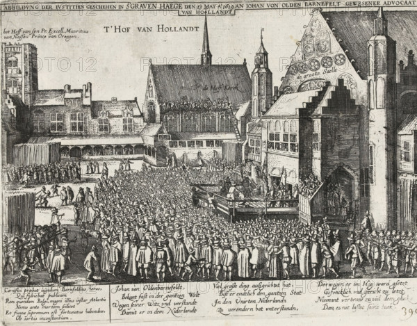 Depiction of Justice appeared in The Hague on May 13, 1619, to Johannes von Olden Barnefelt, former advocate of Holland, Execution of Johan van Oldenbarnevelt, Series 11: Varia Foreign Events, 1571-1631, print, album page, Series number, 394, 380?, Execution of Johan van Oldenbarnevelt in The Hague on May 13, 1619. Oldenbarnevelt kneels on the scaffold in front of the Binnenhof; on the square, a large number of spectators. With a caption of 6 lines in Latin and 12 lines in German. Numbered in pen at the bottom right: 394., inscription: '394', printmaker: workshop of Frans Hogenberg, Cologne, after print by Claes Jansz. Visscher (II), 1619 - 1621, Claes Jansz. Visscher (II), after print by, North Rhine-Westphalia, paper, etching, height 198 mm x width 260 mm, Person, Maurice (Prince of Orange), Johan van Oldenbarnevelt, violent death by beheading, on the scaffold or place of execution, Condemnation and execution of Johan van Oldenbarnevelt, The Hague, Binnenhof, Period, 1619-05-13, A de...