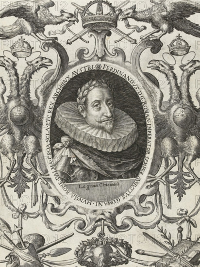 Portrait of Emperor Ferdinand II, 1619, Series 11: Miscellaneous Foreign Events, 1571-1631, print, album page, Series number, 395, 380?, 1619. Bust in an oval, facing right, with a laurel wreath on the head. The portrait is printed from a separate plate and set in a frame with double-headed eagles, arms, and symbols of the Emperorship of Austria. Without caption, with a border inscription around the portrait in Latin. With motto: Legitime Certantibus. Numbered bottom right in pen: 395., inscription: '395', printmaker: Crispijn van de Passe (I), Cologne, 1619 - 1621, North Rhine-Westphalia, paper, engraving, height 140 mm x width 110 mm x height 295 mm x width 214 mm, Person, Ferdinand II (Roman-German Emperor), Period, An engraved oval portrait of a man wearing a large ruffled collar and a laurel wreath, framed by an ornate cartouche with scrolling acanthus and ribbon motifs, flanked by heraldic double-headed eagles with crowns and orb-and-cross emblems, decorative crossed swords and s...