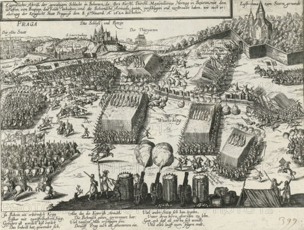 Eigentlicher Abriss, der gewaltigen Schlacht in Bohemia, that, Maximilianus Hertzog in Beyeren, with the Graffen von Buquoy, that was preserved, and the Bohemian Armada gantz overschlagen and zerstrewet haben, who are eroberung der Koniglichen Statt Praga, so den 8. 9. November. Ao. 1620 document, Battle of White Mountain near Prague, 1620, Series 11: Miscellaneous Foreign Events, 1571-1631, print, album page, Series number, 399, 380?, Battle of White Mountain (Weißen Berg) near Prague, 8-9 November 1620. With a 12-line caption in German. Numbered in pen at the bottom right: 399., inscription: '399', printmaker: workshop of Frans Hogenberg, Cologne, 1620 - 1622, North Rhine-Westphalia, paper, etching, height 214 mm x width 281 mm, battle, fighting in general, Battle of White Mountain, Prague, Period, 1620-11-08 - 1620-11-09, An engraved battle scene showing densely packed infantry formations arranged in rectangular blocks with spears or pikes bristling upward, cavalry units charging an...