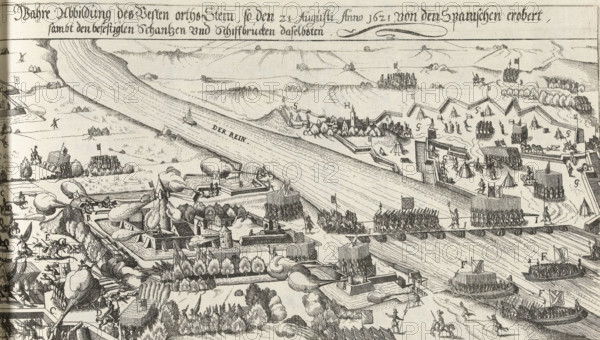 Stein am Rhein conquered by the Spaniards, 1621, True illustration of the fortified town of Stein, as conquered by the Spaniards on 21 August 1621, along with the fortified ramparts and ship bridges of the same kind, Series 11: Varia Foreign Events, 1571-1631, print, album page, Series number, 403, 380?, Stein am Rhein with the accompanying ramparts and ship bridge conquered by the Spaniards, 21 August 1621. Elements in the illustration are indicated by the letters AH but legend is missing. Without caption. Numbered in pen at the bottom right: 403., inscription: '403', printmaker: workshop of Frans Hogenberg, Cologne, 1621 - 1623, North Rhine-Westphalia, paper, etching, height 183 mm x width 333 mm, capture of city (after the siege), Thirty Years' War, Thurgau, Stein am Rhein, Period, 1621-08-21, A panoramic engraved scene showing a wide river flowing diagonally across the image with small sailing vessels and rowed boats on its surface, fringed by fortified structures and ramparts on b...