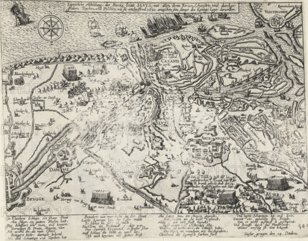 Actual depiction of the strong city of Sluys, with all its forts, redoubts, and excavated teychen, and polders, as they appear somewhat late 1621, together with the King's Army, Map of Sluis and surroundings besieged by the Spaniards, 1621, Series 11: Varia Foreign Events, 1571-1631, print, album page, map, Series number, 404, 380?, October 14, 1621. With caption of 26 lines in German. Numbered in pen at the bottom right: 404., inscription: '404', printmaker: workshop of Frans Hogenberg, Cologne, Frans Hogenberg, printmaker, North Rhine-Westphalia, paper, etching, height 220 mm x width 285 mm, maps of separate countries or regions, siege, position war, Siege of Sluis (1621), Sluis, Period, 1621-10-14, A detailed monochrome map showing coastlines, waterways, fortifications, towns, fields, and labeled place names in an old script, with drawn ships and sailing vessels in the sea, clusters of tents and formations of soldiers on land, stylized compass rose, small buildings and churches, bri...
