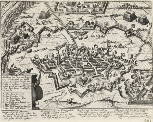 Siege of Frankenthal by the Spanish, 1621, Abbildung der Statt und belegerung Franckenthall, wie dieselbe von dem berumbten Obersten Don Goncalo de Cordova, von dem 27. Septembris an, biß zum 14. Octob. dieses 1621. Jhars besiert und beschossen be, Series 11: Varia Foreign Events, 1571-1631, print, album page, Series number, 405, 380?, Siege of Frankenthal by the Spaniards under Gonzalvo of Cordova, from September 21 to October 14, 1621. With legend AG and caption of 16 lines in German. Numbered in pen at the bottom right: 405., inscription: '405', printmaker: workshop of Frans Hogenberg, Cologne, North Rhine-Westphalia, paper, etching, height 215 mm x width 275 mm, siege, position war, Siege of Frankenthal (1621), Rhineland-Palatinate, Frankenthal, Period, 1621-09-21 - 1621-10-14, A bird’s-eye view engraving of a fortified town surrounded by angular bastions and earthworks, with a dense grid of streets and closely packed buildings inside the walls and a prominent tower rising above th...