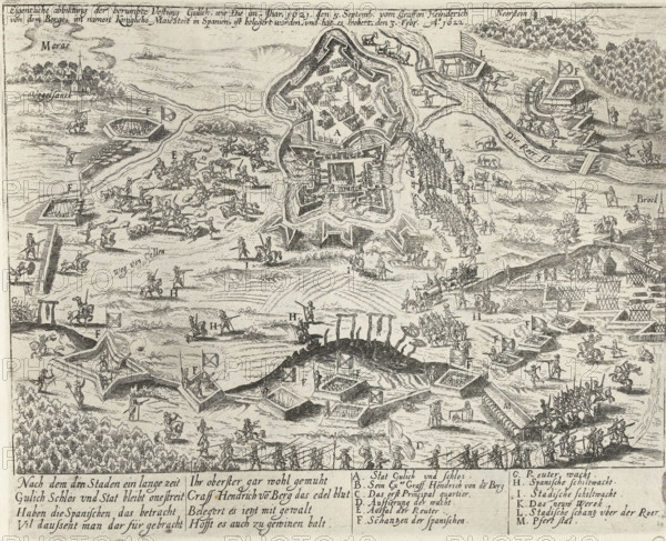 Eigentliche abbildung der berumbte Vestung Gulich, wie Die im Jahr 1621. den 5. Septemb. vom Graffen Heinderich von dem Berge, im naming Koningliche Maiesteet in Spanien, was besieged, and that was erobert, the 3. febr. Ao. 1622, Siege and Conquest of Jülich by Hendrik van den Bergh for the Spaniards, 1622, Series 11: Varia Foreign Events, 1571-1631, print, album page, Series number, 406, 380?, from 5 September 1621 to 3 February 1622. With legend AM and caption of 8 lines in German. Numbered in pen at the bottom right: 406., inscription: '406', printmaker: workshop of Frans Hogenberg, Cologne, 1622 - 1624, North Rhine-Westphalia, paper, etching, height 221 mm x width 273 mm, Person, Hendrik Count van den Bergh, siege, position war, capture of city (after the siege), Siege of Jülich (1621-1622), Jülich (village), Period, 1621-02-03, A wide, detailed black-and-white engraving showing a fortified town with angular bastions and inner buildings surrounded by walls and water, with surroundi...
