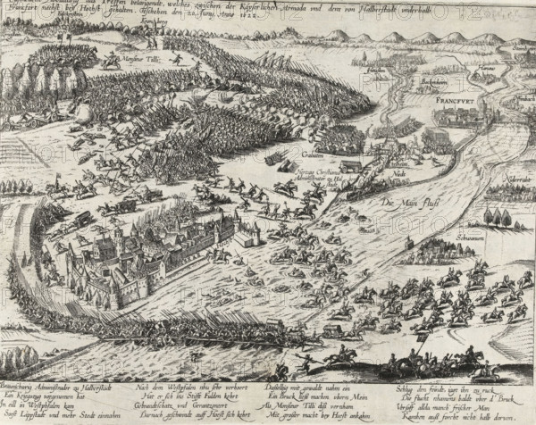 Battle of Höchst am Main, 1622, Eigentliche Abbildung das Treffen belängendt, welches zwischen der Kayserlichen Armada und dem von Halberstadt underhalb Francfort nechst bey Hochst contenten. Done on June 20. Anno 1622, Series 11: Varia Foreign Events, 1571-1631, print, album page, Series number, 408, 380?, Battle of Höchst, near Frankfurt am Main, June 20, 1622. With caption of 16 lines in German. Numbered in pen at the bottom right: 408., inscription: '408', printmaker: workshop of Frans Hogenberg, Cologne, 1622 - 1624, North Rhine-Westphalia, paper, etching, height 219 mm x width 281 mm, battle, fighting in general, Hesse, Höchst, Period, 1622-06-20, A wide, detailed engraving showing a riverside town with fortified walls and clustered buildings, a large bridge crossing the river, numerous groups of soldiers in formation with spears and flags, cavalry on horseback charging and riding across open fields and into the river, rows of trees and small wooded areas, scattered cannons and w...