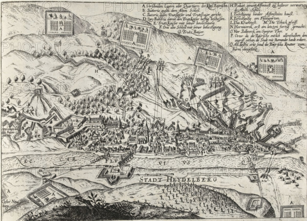 Siege of Heidelberg, 1622, Series 11: Miscellaneous Foreign Events, 1571-1631, print, album page, Series number, 411, 380?, Siege of Heidelberg by Bavarian troops, from June 21 to September 6, 1622. Without caption, above a legend AQ in German. Numbered in pen at the bottom right: 411., inscription: '411', printmaker: workshop of Frans Hogenberg, Cologne, 1622 - 1624, North Rhine-Westphalia, paper, etching, height 240 mm x width 300 mm, siege, position war, Thirty Years' War, Baden-Württemberg, Heidelberg, Period, 1622-06-21 - 1622-09-06, A detailed black and white engraving showing a fortified town nestled along a river, with densely packed buildings, church steeples, and city walls; surrounding the town are hills and terraced landscapes dotted with trees and clusters of smaller structures, geometric fortifications, and rectangular camps on hilltops; lines and shaded hatching indicate contours and vegetation, while groups of soldiers, siege engines, and boats appear on slopes and wate...