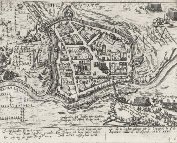 Siege and capture of Lippstadt by the Spaniards, 1624, Series 11: Miscellaneous Foreign Events, 1571-1631, print, album page, Series number, 416, 380?, from September 6 to November 2, 1624. With caption of 6 lines in German and 2 lines in French. Numbered in pen at the bottom right: 416., inscription: '416', printmaker: workshop of Frans Hogenberg, Cologne, 1624 - 1626, North Rhine-Westphalia, paper, etching, height 223 mm x width 278 mm, siege, position war, capture of city (after the siege), Thirty Years' War, Lippstadt, Period, 1624-09-06 - 1624-11-02, An overhead engraved view of a fortified town surrounded by angular walls, bastions, moats, and a river, showing streets, blocks with individual houses, gardens with trees, and several churches and larger buildings; defensive works including earthen ramparts, palisades, and artillery emplacements are visible along the perimeter, with soldiers and small groups of figures positioned on walls and in the streets; outside the defenses ther...
