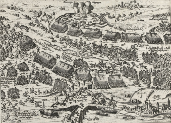Battle of Dessau, 1626, Series 11: Miscellaneous Foreign Events, 1571-1631, print, album page, Series number, 420, 380?, at the Dessau Bridge, April 25, in which the Imperial army under Wallenstein achieves a crushing victory over the troops under the Count of Mansfeld. Without caption. Numbered in pen at the bottom right: 420., inscription: '420', printmaker: workshop of Frans Hogenberg, Cologne, 1626 - 1628, North Rhine-Westphalia, paper, etching, height 201 mm x width 275 mm, battle, fighting in general, Saxony-Anhalt, Dessau, Period, 1626-04-25, A detailed black-and-white engraving showing a large battlefield scene with formations of soldiers arranged in rectangular blocks, many on foot and many on horseback, some carrying flags, others firing weapons that emit plumes of smoke; fortifications and earthworks appear with soldiers positioned behind palisades and tents clustered inside a star-shaped fort where explosions send up tall clouds; scattered bodies and fallen horses lie acros...