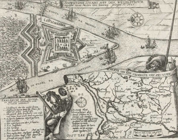 Swedish redoubt on the Weichsel River near Danzig, approximately nine miles from Danzig, 1626, Swedish redoubt on the Vistula near Danzig, Series 11: Varia Foreign Events, 1571-1631, print, album page, Series number, 422, 380?, Swedish redoubt built on the Vistula near Danzig, 1626. At the bottom, a cartouche in the shape of a paper scroll held up by two soldiers with a map of the mouth of the Vistula with title and captions in Dutch. On the left, Legend of the main illustration 1-11. Numbered in pen at the bottom right: 422., inscription: '422', printmaker: workshop of Frans Hogenberg, Cologne, 1626 - 1628, North Rhine-Westphalia, paper, etching, height 206 mm x width 264 mm, Compare the print by CJ Visscher (II), Hollstein vol. 38, p. 37, no. 57., fortifications, military engineering, Thirty Years' War, Prussia, Pomorian voivodeship, Danzig, Vistula, Period, A detailed black and white engraved map fragment showing a star-shaped fortified structure with bastions and inner buildings, s...