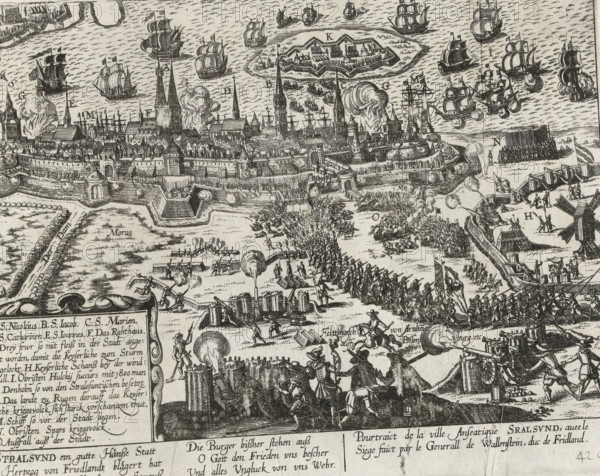 Siege of Stralsund, 1628, Series 11: Miscellaneous Foreign Events, 1571-1631, print, album page, Series number, 424, 380?, Siege of Stralsund by Wallenstein's troops, 1628. View of the city from the positions of the besieging imperial troops. With a caption of 6 lines in German and 2 lines in Frisian. Legend AO in the lower left. Numbered in pen at the bottom right: 424., inscription: '424', printmaker: workshop of Frans Hogenberg, Cologne, 1628 - 1630, Frans Hogenberg, printmaker, North Rhine-Westphalia, paper, etching, height 202 mm x width 260 mm, siege, position war, Siege of Stralsund (1628), Mecklenburg-Western Pomerania, Stralsund, Period, A densely detailed black and white engraving shows a fortified coastal town with walls, towers, and clustered buildings, several tall spires rising above the rooftops, and ships with billowing sails sailing and anchored in the surrounding water; smoke and explosions are depicted near the harbor and within the town, while formations of soldiers...