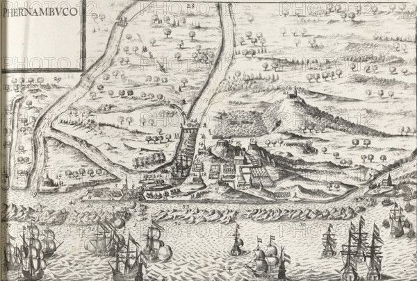 View of Pernambuco, 1630, Series 11: Miscellaneous Foreign Events, 1571-1631, print, album page, Series number, 428, 380?, 1630. Dutch ships at sea off the coast. Without caption and unnumbered 428., printmaker: workshop of Frans Hogenberg, Cologne, 1630 - 1632, North Rhine-Westphalia, paper, etching, height 230 mm x width 307 mm, Pernambuco, Period, A detailed monochrome engraving showing a coastal scene with many sailing ships in the foreground on choppy water, some firing cannons and smoke rising from a few vessels. Behind the ships a shoreline with a fortified town and clustered buildings, docks, moored ships, and rows of small structures and gardens. A narrow river or canal runs inland from the town toward the top of the image, flanked by roads and small figures walking. The surrounding landscape features rolling hills, scattered trees of similar stylized shape, groves, and cultivated plots, with occasional isolated buildings on hilltops and small boats on inland waterways. The co...