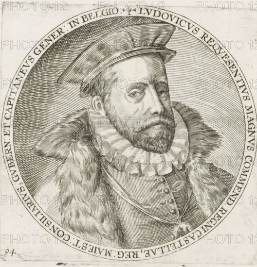 Portrait of Requesens, Series 6: Dutch Events, 1571-1576, print, album page, Series number, 94, 380?, Portrait of Don Luis de Requesens y Zunega, Governor in the Netherlands. Round portrait, bust facing right, with inscription in Latin. Numbered lower left: 94., printmaker, after print by, paper, engraving, height 174 mm x width 174 mm, Copy after the original first used as an illustration in: Michael Aitsinger, Belgici leonis chorographia, das ist ein newe Landt Beschreibung des Belgischen Lewen, in 17 Provincien des gantzen Niderlandts außgetheylet. Cologne: Frans Hogenberg, 1587. This copy first used in 1605., Person, Luis de Zúñiga y Requesens, Eighty Years' War, Period, 1573, An engraved portrait of a bearded man shown from the chest up within a circular frame, wearing a hat with a narrow brim, a ruffled collar, a fur-lined cloak draped over his shoulders, and a buttoned garment beneath, with closely hatched lines creating shading and texture across his face, clothing, and the cir...
