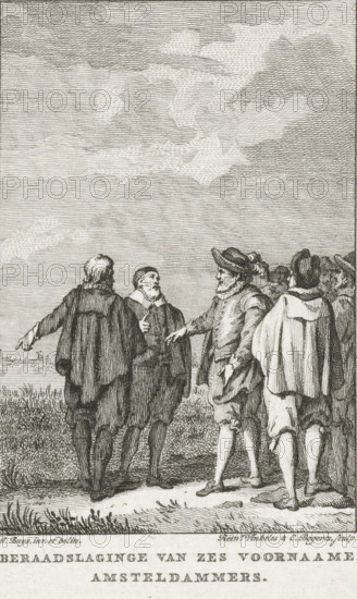 Consultation of six prominent Amsterdammers, Consultation between six prominent Amsterdammers, 1566, print, historical print, outside the city, probably to discuss freedom of religion., printmaker: Reinier Vinkeles (I), Netherlands, printmaker: Cornelis Bogerts, after drawing by Jacobus Buys, 1780 - 1795, paper, etching, height 127 mm x width 100 mm, Illustration for: J. Fokke, Histories of the United Netherlands for the National Youth, Johannes Allart, Amsterdam 1783-1795, 25 volumes, vol. IV, pl. III. State with the letter., debate, discussion (, meeting), Eighty Years' War, Reformation, Amsterdam, Period, A group of men stand outdoors on a grassy area under a heavily lined sky with cloud formations; they wear period clothing including cloaks, doublets, breeches, stockings, and hats, with some figures shown from the back and others in three-quarter view; one man gestures with an outstretched arm while another extends a hand toward him, and a cluster of men stand closely together to t...