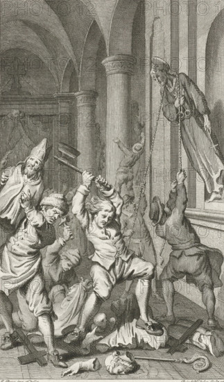 Iconoclasm in the Netherlands, Iconoclasm in a church, 1566, print, historical print, 1566. A group of men pulls a statue of Saint Peter from a niche in the wall, other statues are smashed on the ground., printmaker: Reinier Vinkeles (I), Netherlands, after drawing by Jacobus Buys, 1786, paper, etching, height 192 mm x width 116 mm, Illustration for: Jacobus Kok, Vaderlandsch Woordenboek, Johannes Allart, Amsterdam 1785-1799, 35 volumes, vol. V, pl. IV. State with the letter., iconoclasm, Eighty Years' War, Iconoclasm (1566), Period, A crowded interior scene shows arched ceilings and tall fluted columns with decorative capitals, and a group of men in period clothing engaged in violent action. Several men with varied hats and garments lift or swing wooden clubs and hammers, their faces strained and hair tousled. One figure wearing a tall pointed hat appears recoiling with raised hands, while a fallen helmet and broken wooden crosses lie on the floor amid scattered debris and a severed h...
