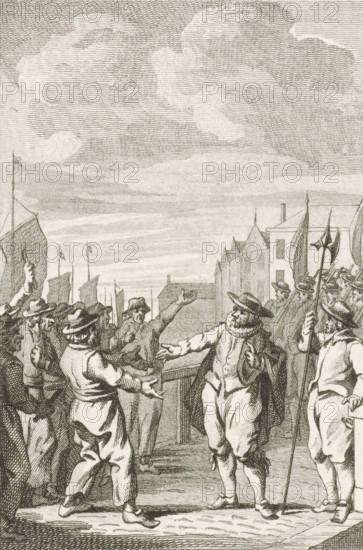 Mayor Joost Buyck calms the boatmen, 1567, print, historical print, Mayor Joost Buyck has soldiers occupy the Nieuwe Brug in Amsterdam and calms the boatmen, February 26, 1567., printmaker: Harmanus Vinkeles, Netherlands, after drawing by Jacobus Buys, 1786 - 1792, paper, etching, height 99 mm x width 75 mm, Illustration for: J. Fokke, Amsteldam en zyne geschiedenissen, in't kort, 6 volumes, J. Allart, Amsterdam 1788-1792, vol. I, pl. VII. Stands before the letter., Person, Joost Sijbrandtsz. Buyck, Amsterdam, Period, 1567-02-26, A detailed engraving showing a group of men gathered on a quay or dock, many wearing wide-brimmed hats and period clothing with doublets, breeches, and cloaks. Two central figures face each other, one with arms outstretched and a ruffled collar, the other gesturing with raised hands, while surrounding men watch and some raise their arms. Ships with furled sails and several masts appear in the background to the left, and tall narrow buildings line the right sid...
