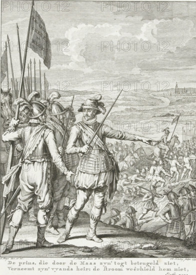 The Prince's army crosses the Meuse, 1568, The Prince, who sees his advance restrained by the Meuse, Perceives his enemy's army: the current did not hold him back, Scenes from the life of Prince William I, 1568-1584, print, historical print, Series number, 1, 24, William of Orange, standing in the foreground among his officers, shows his army the way as they cross the Meuse, October 1568. First canto., printmaker: Theodoor Koning, Northern Netherlands, after design by Jacobus Buys, publisher: Willem Vermandel, Amsterdam, publisher: J. Smit, publisher: Jan Willem Smit, 1779, paper, etching, height 275 mm x width 220 mm, Illustration for: J. Nomsz, Willem de eerste, of de grondlegging der Nederlandsche vryheid. : In vier en twintig zangen, Erven van David Klippink, Amsterdam 1779. State with the letter., Person, Willem I (Prince of Orange), Willem van Oranje trekt over de Maas, Maastricht, Maas, Period, 1568-10, A tightly detailed black and white engraving shows a group of armored figure...