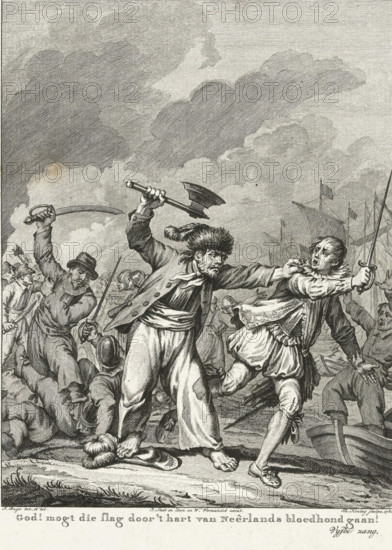 Battle between Barthold Entes and Agulo at Vlissingen, 1572, God! might that blow go through the heart of the Dutch bloodhound!, Scenes from the life of Prince William I, 1568-1584, print, historical print, Series number, 5, 24, Battle between the Sea Beggar Barthold Entes, armed with an axe, and the Spaniard Agulo at Vlissingen, 1572. Fifth canto., printmaker: Theodoor Koning, Northern Netherlands, after design by Jacobus Buys, publisher: Willem Vermandel, Amsterdam, publisher: J. Smit, publisher: Jan Willem Smit, 1780, paper, etching, height 275 mm x width 220 mm, Illustration for: J. Nomsz, William the First, or the Foundation of Dutch freedom. : In twenty-four songs, Heirs of David Klippink, Amsterdam 1779. State with the letter., Person, Bartold Entens van Mentheda, Relief of Vlissingen, Period, A detailed black and white engraving shows a chaotic shore scene with armed men in dramatic poses. In the center a bearded man wearing a fur hat and loose clothing strides forward with one...