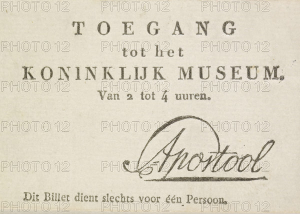 Admission ticket to the Royal Museum, 1809-1810, admission ticket, Admission ticket for one person to the Royal Museum in Amsterdam, 1809-1810. With the name Apostool, director of the museum., printer (person), Netherlands, paper, letterpress printing, text in letterpress, height 60 mm x width 90 mm, Person, Cornelis Apostool, Royal Museum, Amsterdam, Period, 1809 - 1810, A faded off-white paper with printed dark serif lettering near the top and lower edges, a large ornamental cursive signature in dark ink toward the lower right, and subtle paper texture and small speckles visible across the surface.