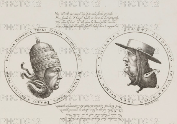 Double-headed caricature of the Pope with the Devil and the Cardinal with a Jester, 1685, cartoon, print, Reproduction of a double-headed caricature of the Pope with the Devil and the Cardinal with a Jester. With two verses of four lines. An originally sixteenth-century visual motif used on coins, prints, and earthenware jugs, here probably reused in 1685 following the revocation of the Edict of Nantes., printmaker: Emrik & Binger, Netherlands, after print by anonymous, 1877 - 1879, after print by, paper, lithography, height 224 mm x width 295 mm, Used as illustration in: JP Arend, Algemeene geschiedenis des vaderlands, voortzet door O. van Rees, WG Brille en J. van Vloten, Amsterdam, 5 volumes, 1840-1882, 4.2 (1879), p. 360-361., court jester, court fool, pope, devil(s) and demons, cardinal, Revocation of the Edict of Nantes, Period, 1685-10-08, Two circular engraved medallions appear side by side on a pale background, each containing a detailed profile portrait facing inward. The lef...
