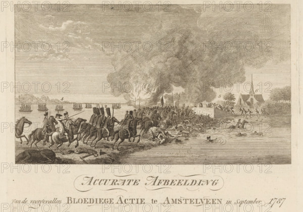 Battle at Amstelveen, 1787, Accurate Image of the Bloody Action that took place at Amstelveen in September 1787, print, Battle at Amstelveen between the Prussian troops under the Duke of Brunswick and the patriotic defenders under General Van Rijssel, the corps of Sternbach and Mattha, October 1, 1787. On the water small boats with Prussian fighters. On the sheet below the plate a description of the events and the legend., printmaker, Northern Netherlands, paper, etching, engraving, letterpress printing, engraving and book printing, height 242 mm x width 271 mm, (military) attack, Attack on Amstelveen, Amstelveen, Period, 1787-10-01, A wide engraving shows a shoreline scene with mounted soldiers riding toward a waterfront where many figures are crowded and tumbling into the shallow water; some riders wear tall hats and uniforms, others hold long weapons. Large billowing clouds of smoke rise from fires near a cluster of low buildings and a wall along the bank, and flames and dark smoke ...