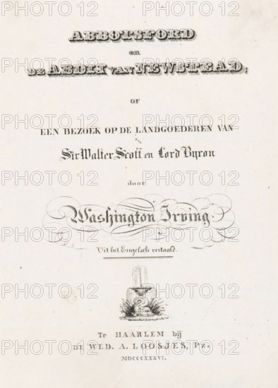 Fountain with dolphin, Title page for: Washington Irving, Abbotsford and the Abbey of Newstead, 1836, print, title page, publisher: widow Adriaan Pietersz. Loosjes, Haarlem, printmaker, paper, etching, engraving, etching and engraving, height 212 mm x width 136 mm, Title page for: Irving, Washington. Abbotsford and the Abbey of Newstead, or a visit to the estates of Sir Walter Scott and Lord Byron. Haarlem: Loosjes Pz., widow Adriaan, 1836., ornamental fountain, dolphin, ornament, The image shows a pale, aged paper with ornate decorative lettering across the top and middle in various stylized typefaces, ornamental flourishes and a large flowing cursive signature surrounded by swirling calligraphic embellishments, and a small detailed engraving of a fountain with water spouting from a pedestal into a basin surrounded by grasses and a coiled animal figure, all arranged vertically with visible paper texture and small spots or foxing.