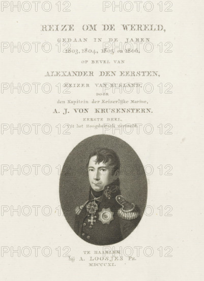 Portrait of Alexander I, Title page for: AJ von Krusenstern, Voyage around the world, 1811, print, title page, Portrait of Tsar Alexander I in uniform facing left., publisher: Adriaan Pietersz. Loosjes, Haarlem, printmaker, paper, stippelets, height 221 mm x width 142 mm, Part of title page for: Krusenstern, AJ von. Voyage around the world, undertaken in the years 1803, 1804, 1805 and 1806, by order of Alexander the First, Emperor of Russia. First part. Haarlem: Loosjes, Adriaan Pietersz., 1811., Person, Alexander I (Tsar of Russia), emperor, A faded printed page with a decorative title area at the top and an oval engraved portrait below; the portrait shows a man in a dark ornate military uniform with braided epaulettes and several medals and decorations on his chest, his hair styled short and wavy, and his face turned slightly to one side within a stippled oval frame, all set against a light textured paper background.