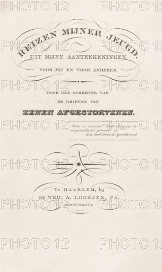 Title page for: HLH von Pückler-Muskau, Travels of my youth. From my notes for me and for others, 1836, print, title page, publisher: widow Adriaan Pietersz. Loosjes, Haarlem, printmaker, paper, engraving, height 234 mm x width 144 mm, Title page for: Pückler-Muskau, HLH von. Travels of my youth. From my notes for me and for others. Haarlem: Loosjes Pz., widow Adriaan, 1836., title-page, A cream-colored page with ornate black engraved decorative flourishes and headings arranged vertically, featuring curved ornamental lines and stylized borders; there are several lines of visually distinct printed text in various serif and decorative typefaces centered on the page, with a horizontal ornamental divider and a central decorative emblem composed of looping strokes and a small circular sunburst motif; the top of the page displays a large oval flourish framing bold curved lettering, the middle contains a grouped block of smaller type and an emphasized decorative word in an ornate embossed-sty...