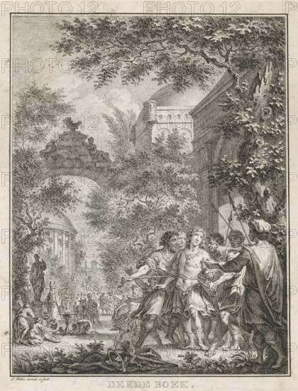 David captured by soldiers of King Saul, Third Book, David and Saul, print, book illustration, David, fleeing from King Saul who wants to kill him, is captured by soldiers. His arms are tied together with ropes., printmaker: Simon Fokke, after design by, publisher: Pieter Meyer, Amsterdam, 1766, paper, etching, height 190 mm x width 146 mm, A detailed black and white engraving shows a busy outdoor scene with classical architecture and tall trees filling the upper area, branches and leaves creating a canopy. On the left a rounded temple-like building with columns is partially visible beyond an arched stone bridge topped with a statue. In the center background a dome and other masonry structures peek through foliage. The foreground features a group of people in flowing drapery and armor, some embracing and others gesturing, with spears and shields among them. To the left foreground figures are seated or kneeling near vessels and a small brazier, and further back more small figures move a...