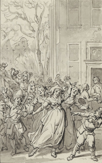 Festive atmosphere in Rotterdam on the birthday of William V, March 8, 1783, drawing, draftsman (artist): Jacobus Buys, 1783 - 1801, draftsman (artist), materials by function, paper, ink, pen, brush, scribbling, pen and brush in grey, height 143 mm x width 91 mm, Person, William V (Prince of Orange-Nassau), historical persons, festivities on events of national importance, birthday, historical events and situations, celebrations, Rotterdam, Period, 1783-03-08, A crowded scene of many people drawn in ink wash, showing men, women, and children in period clothing with flowing dresses, hats, and coats; several figures at the front appear in animated poses with raised arms and expressive faces, one woman in a long dress and hat leans forward amid the group, a child at the lower right reaches outward, and another child at the lower left holds a stick or staff; behind the crowd a tall building façade with rectangular panels and a doorway is visible, and to the left there are trees and loosely ...