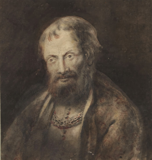 Bust of a man, with necklace, drawing, 1700 - 1800, draftsman (artist), inorganic material, paper, chalk, brush, black chalk, brush in gray, brown and red, height 174 mm x width 165 mm, A painted portrait of an older man shown from the chest up against a dark background, with light skin tones, thinning hair on top, longer hair at the sides, and a full beard and mustache; his eyes look slightly to one side and his facial expression appears neutral; he wears layered garments including a robe draped over his shoulders and a decorated garment underneath with beadlike elements and patterned details visible at the chest; the painting surface shows a textured, aged appearance with muted, earthy colors and visible brushwork.
