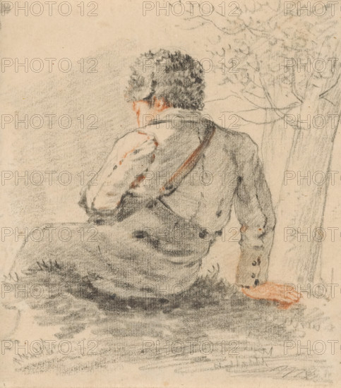 Sitting boy, seen from behind, drawing, draftsman (artist): George Pieter Westenberg, 1801 - 1873, draftsman (artist), inorganic material, paper, chalk, black and red chalk, height 140 mm x width 124 mm, boy (child between toddler and youth), sitting figure, A softly shaded sketch of a seated figure shown from the back with dark curly hair and a turned head, wearing a vest over a long-sleeved shirt, one arm bent across the body and the other hand resting on the ground, rendered in charcoal and reddish accents with faint tree branches suggested at the right and a textured shaded ground beneath.