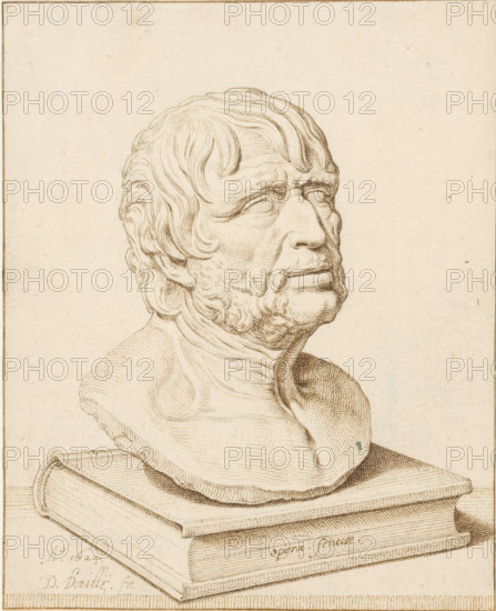 Portrait bust of Seneca, drawing, Bust of Seneca, facing right, standing on a book., draftsman (artist): David Bailly, 1624, draftsman (artist), materials by function, paper, ink, pen, pen in brown, height 177 mm x width 143 mm, Person, Lucius Annaeus Seneca, A detailed ink drawing shows a sculpted head and upper shoulders of an older man placed on top of a closed book; the head features wavy hair, a trimmed beard, pronounced facial wrinkles, and a pensive expression with closed or blank eyes, rendered with fine hatched lines and shading; the bust rests on a thick book with visible page edges and a textured cover, and the composition is set against a plain, lightly speckled background with a thin framed border.