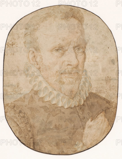 Portrait of a man, drawing, three-quarters to the left., draftsman (artist): Hendrick van Cleve, 1582, draftsman (artist), materials by function, paper, ink, pen, brush, pen in brown and brush in red, height 198 mm x width 152 mm, historical persons, A framed oval drawing of an older man shown from the shoulders up, facing slightly to the viewer's right, with a balding head, short curly hair at the sides, a trimmed mustache and beard, and visible wrinkles around his eyes and forehead; he wears a high ruffled collar with rounded, petal-like folds shaded with pale blue, and a patterned garment with faint decorative motifs and visible shoulder detailing; the drawing is in muted brown and gray tones on aged paper with visible sketch lines, subtle shading, and areas of discoloration and wear around the edges.