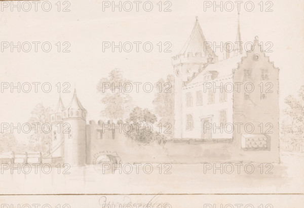 Woudenberg, View of Groenewoude Castle in Woudenberg, drawing, draftsman (artist): J. Stellingwerf, c. 1800 - c. 1850, draftsman (artist), materials by function, paper, ink, pencil, brush, height 144 mm x width 207 mm, landscape with tower or castle, castle, A pencil drawing of a castle-like building complex beside a body of water, showing turrets with conical roofs, a crenellated tower with narrow windows, a stepped gable on a taller building, multiple rectangular windows, a doorway, a small arched bridge or tunnel at the waterline, trees and bushes around the buildings, a low wall and a wooden fence or bridge extending toward the water, and faint reflections of the structures and arch in the water.