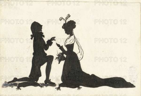 Design for In Holland staat een Huis: silhouettes of a man kneeling before a woman, drawing, design, Design for a print., draftsman (artist): Nelly Bodenheim, 1884 - 1917, draftsman (artist), paint (coating), paper, deck paint, pencil, brush, brush in black, white opaque paint, height 75 mm x width 92 mm, (VAN LOOY, In Holland staat een Huis) specific works of literature (with AUTHOR, Title), A black silhouette of a kneeling figure facing a seated figure in a dress fills the center of a textured off-white background; the kneeling figure has one knee raised and an extended hand toward the other, wearing a jacket with a high collar and a tied ribbon at the back of the head, while the seated figure has an elaborate hairstyle with decorative sprigs, a draped shawl over the shoulders, and holds a small bouquet; both figures cast dark, flowing lower garments along the ground and small pointed shapes appear at the edges where the silhouettes meet the surface.