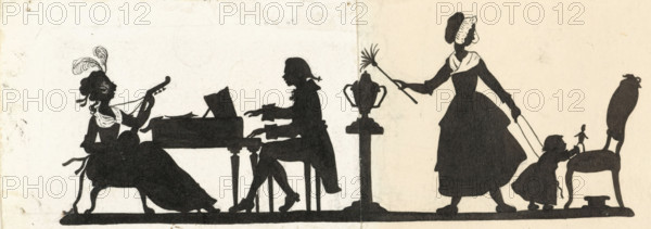 Design for In Holland staat een Huis: silhouettes of a musical couple and the maid looking after the child, drawing, design, Design for a print., draftsman (artist): Nelly Bodenheim, 1884 - 1917, draftsman (artist), paper, pencil, brush, black brush, height 87 mm x width 216 mm, (VAN LOOY, In Holland staat een Huis) specific works of literature (with AUTHOR, Title), A long horizontal black silhouette on a pale background shows several figures and objects arranged in sequence, beginning with a seated woman wearing a dress and a feathered headpiece who leans back while holding a stringed instrument, followed by a person at a keyboard instrument seated on a stool with sheet music propped up, then a pedestal topped by a two-handled urn, a standing woman in a long dress and cap holding a feather duster and pulling on a cord attached to a small child who reaches toward a high-backed chair and holds a small doll, with a low box or footstool near the chair.