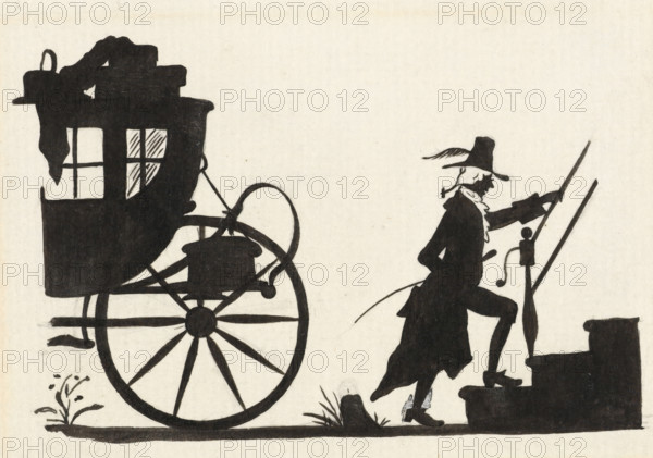 Design for In Holland staat een Huis: silhouette of a man entering a house from a carriage, drawing, design, Design for a print., draftsman (artist): Nelly Bodenheim, 1884 - 1917, draftsman (artist), paint (coating), paper, deck paint, pencil, brush, brush in black, white opaque paint, height 102 mm x width 140 mm, (VAN LOOY, In Holland staat een Huis) specific works of literature (with AUTHOR, Title), A black silhouette of a horse-drawn carriage wheel and part of the carriage body sits on the left, showing a large spoked wheel, a curved axle, and a boxy carriage section with a window and draped cloth. To the right, a black silhouette of a person wearing a wide-brimmed hat with a feather and a long coat is stepping up onto a platform or step, one hand reaching forward to hold a vertical pole or stirrup bar and the other arm bent behind, a cane or whip tucked at the waist. Small clumps of grass and a short stump appear at foot level near the wheel and the person's lifted foot. The scene...