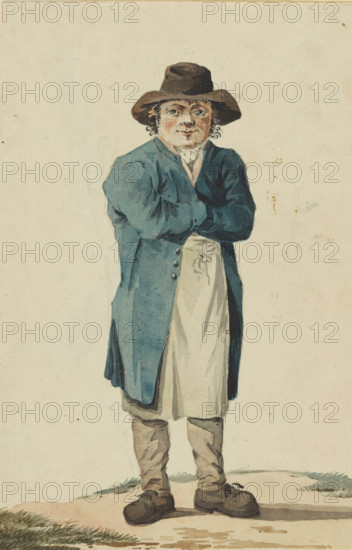 Standing man with blue coat, drawing, watercolor, 1700 - 1800, draftsman (artist), paint (coating), paper, pencil, brush, brush in colors in watercolor, height 203 mm x width 132 mm, A watercolor portrait of a person standing against a plain, light background, wearing a wide-brimmed brown hat and a blue coat with folded arms, a pale apron or garment tied at the waist visible beneath the coat, light-colored breeches tucked into tall, slouchy boots, dark shoes, and a round, slightly flushed face with curly hair peeking from under the hat, all rendered with soft, painterly brushstrokes and subtle shading.