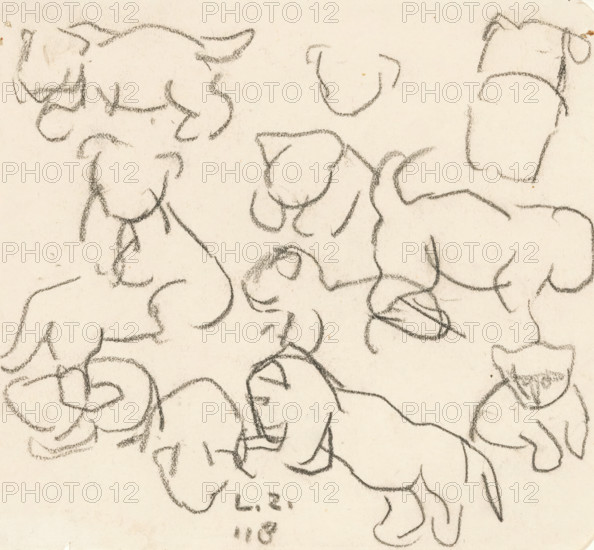 Sketches of a lion cub, drawing, draftsman (artist): Lambertus Zijl, 1918, draftsman (artist), inorganic material, paper, chalk, black chalk, height 139 mm x width 150 mm, beasts of prey, predatory animals: lion, Charcoal sketches on paper showing multiple rough, curved outlines of heads and shoulders, some with ear and jaw shapes, others reduced to simple rounded contours and flowing lines, all drawn in a loose, repeated pattern across a mottled, light-colored background.