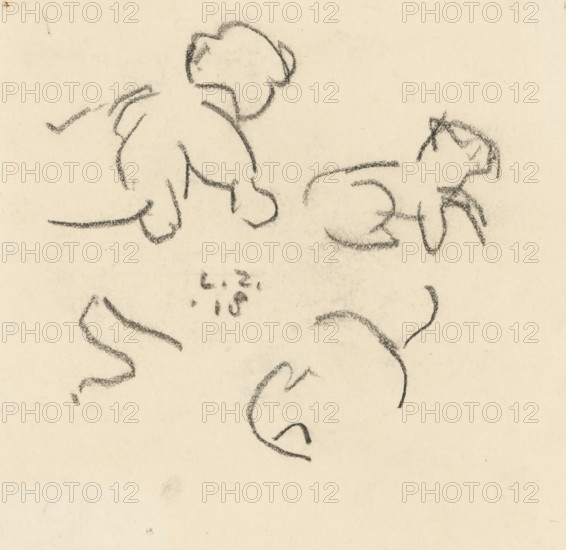 Sketches of a lion cub, drawing, draftsman (artist): Lambertus Zijl, 1918, draftsman (artist), inorganic material, paper, chalk, black chalk, height 139 mm x width 150 mm, beasts of prey, predatory animals: lion, A beige paper with charcoal sketches showing loose, curved outlines of rounded head and shoulder shapes and limb-like forms, darker textured charcoal marks creating soft contours and sketchy strokes, scattered short lines and swooping curves across the upper half, a few isolated wavy lines and curved marks toward the middle and lower areas, and faint smudges and subtle variations in paper tone throughout.