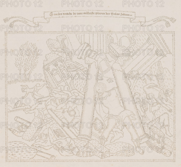 Samson destroys the temple of Dagon, drawing, calligraphy, Samson knocks over the two pillars of the Philistine temple, causing the structure to collapse. Ruined parts of the temple are visible in the background. Dead Philistines lie among the rubble. Representation consisting of written text telling the story of Samson., after print by Antonie Wierix (II), 1700 - 1799, Antonie Wierix (II), draftsman (artist), after print by, materials by function, paper, ink, pen, pen in brown, height 545 mm, height 273 mm x width 321 mm, Samson breaks the pillars, the temple of Dagon collapses, killing all that are in it, A faded sheet with a pale background filled with delicate, tiny dot-like markings arranged to form ornamental shapes and figures, including two large vertical columns in the center topped by curved, rope-like elements, stylized leafy motifs and floral patterns along the sides, a small tree-like form toward the upper left, and decorative border elements along the top and left edges, ...