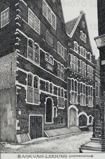 Rear facades of the Bank van Lening in Amsterdam, drawing, draftsman (artist): Willem Wenckebach, Amsterdam, 1870 - 1926, draftsman (artist), paint (coating), materials by function, paper, deck paint, ink, pencil, pen, pen in black, white opaque paint, height 222 mm x width 152 mm, urban housing, Stadsbank van Lening, A detailed black and white ink drawing of a narrow street flanked by tall, ornate brick buildings with multiple rows of windows and arched doorways, showing textured brickwork, decorative stone trim around windows and doors, shutters on some windows, patterned roof tiles on a steep gable, a lamppost attached to one façade, stepped stone curbs and a cobbled street surface, wooden doors set into recessed arches, small basement access covers along the pavement, and a stair with a railing visible at the right edge.