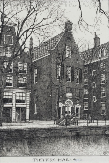 Pieters Hal in Amsterdam, drawing, draftsman (artist): Willem Wenckebach, Amsterdam, 1870 - 1926, draftsman (artist), paint (coating), materials by function, paper, deck paint, ink, pencil, pen, pen in black, white opaque paint, height 191 mm x width 131 mm, street, Grote Vleeshal, A detailed black and white drawing of a row of tall brick buildings facing a canal, with leafless tree branches stretching across the sky in front of the buildings. The central building has a steep gabled roof with a decorative top and an arched entrance flanked by pilasters, and several tall, narrow windows. To the left, a building with multiple rectangular windows and a storefront opening is visible, while to the right additional brick facades with windows and chimneys are shown. A wooden cart with large spoked wheels is parked on the sidewalk near the entrance, and a few small indistinct figures stand or walk along the street. In the foreground the textured surface of the canal water is visible, bordered ...