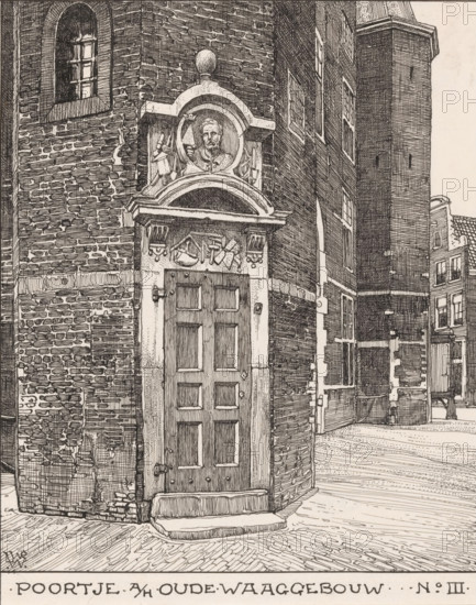 Gate at the Oude Waaggebouw, no. III, drawing, draftsman (artist): Willem Wenckebach, Amsterdam, 1870 - 1926, draftsman (artist), materials by function, paper, ink, pencil, pen, pen in black, height 203 mm x width 162 mm, monumental door, porch, 'aediculum', Waag on the Nieuwmarkt, A detailed pen drawing of a corner of a brick building featuring a tall wooden door with recessed panels and metal fittings set into a stone surround, above which is an ornate arched pediment containing a circular medallion with a carved bust and flanking decorative elements, and a rounded finial atop the pediment; the brickwork shows varied courses and mortar lines, and a small arched window with divided panes sits higher on the wall; to the right a tall narrow tower rises with small openings and adjacent vertical facades with rectangular windows, while the foreground shows a paved street with linear texture and a low step at the door.
