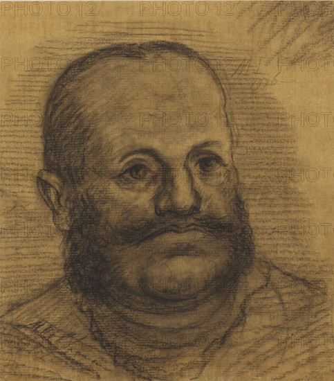 Head of a man with moustache and beard, drawing, draftsman (artist): Marius Holleman (signed by artist), 1916, draftsman (artist), inorganic material, paper, chalk, black chalk on brown prepared paper, height 199 mm x width 175 mm, head (human), moustache, A close-up charcoal drawing on brown paper showing the upper face and shoulders of a bearded man with a receding hairline, visible forehead shading, deep-set eyes with dark lids and arched brows, a prominent nose, a full mustache and beard rendered with dense, textured strokes, and faint horizontal hatch marks filling the background.