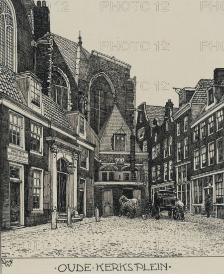 The Oude Kerks Plein in Amsterdam, drawing, draftsman (artist): Willem Wenckebach, Amsterdam, 1870 - 1926, draftsman (artist), paint (coating), materials by function, paper, deck paint, pencil, ink, pen, blue pencil, pen in black, white opaque paint, height 195 mm x width 161 mm, square, circus, Oudekerksplein, A detailed ink drawing of a narrow cobbled street flanked by tall, closely spaced buildings with gabled and tiled roofs, ornate windows, and decorative façades; a large church with tall arched windows and steeply pitched roof rises behind the row of houses, its buttresses and architectural details visible; the street scene includes an open carriage with a horse facing away, a person standing near the carriage, and another figure walking along the sidewalk; lamp fixtures, wooden posts, a small balcony, chimneys, and various window panes and shutters are rendered in fine crosshatching, with the foreground cobbles and building textures depicted in intricate line work and shading.