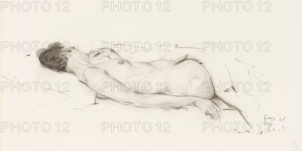 Reclining nude, drawing, draftsman (artist): Pieter Willem van Baarsel, 1928-11, draftsman (artist), inorganic material, paper, chalk, black chalk, height 251 mm x width 353 mm, lying figure - AA - female human figure (nude human being), A pencil sketch of a reclining nude figure shown from the side, lying on a surface with head resting on a pillow and hair shaded dark, the torso and upper thigh rendered with soft shading and contour lines, one arm extended alongside the body with the hand resting near the hip, subtle line marks indicating folds of the surface and surrounding area, and small, loose gesture marks around the figure.