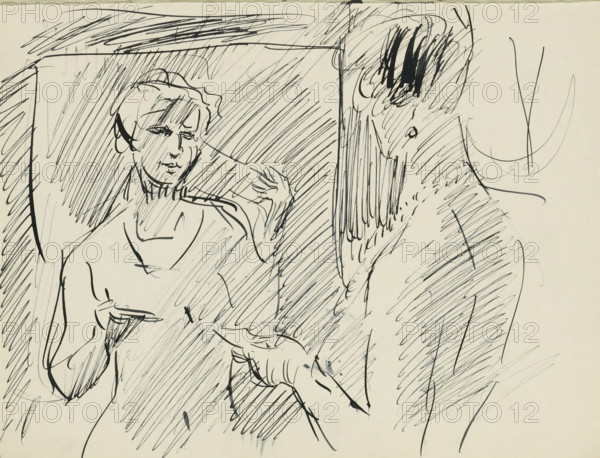 Woman standing in front of a mirror, sketchbook sheet, Sheet 4 verso and sheet 5 recto from sketchbook XXIV with 10 sheets., draftsman (artist): Isaac Israels, The Hague, 1875 - 1934, draftsman (artist), materials by function, paper, pencil, ink, pen, pencil and pen in black, height 261 mm x width 193 mm, reflection (in a mirror), adult woman (standing), The image is entirely black with no distinguishable objects, colors, or features visible.