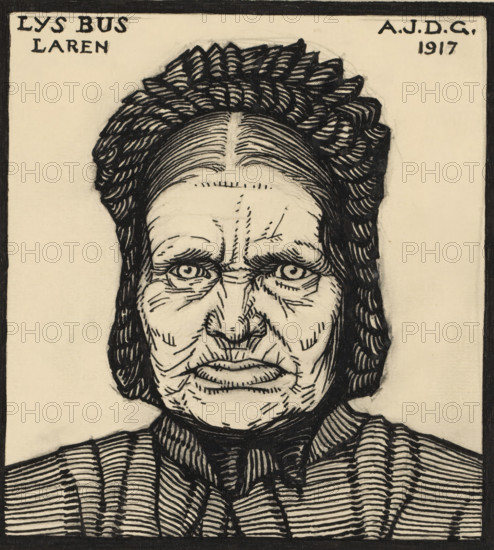 Lys Bus Laren, Portrait of Lys Bus, drawing, annotation: 'Gift, Mr de Graag, Nov. 1935', inscription: 'RP ink', draftsman (artist): Julie de Graag (signed by artist), Laren (Noord-Holland), 1917, draftsman (artist), materials by function, paper, ink, pencil, pen, pen in black over pencil, height 219 mm x width 179 mm, Person, Lys Bus, historical persons, A black ink drawing of an older person's face and upper torso on a light background, showing tightly patterned hair framed close to the head, deep wrinkles and lines across the forehead and around the eyes, pronounced cheek and mouth creases, a broad nose, and full lips; the person wears a striped, high-collared garment with dense horizontal and vertical line shading, and the image is bordered by a dark rectangular frame.