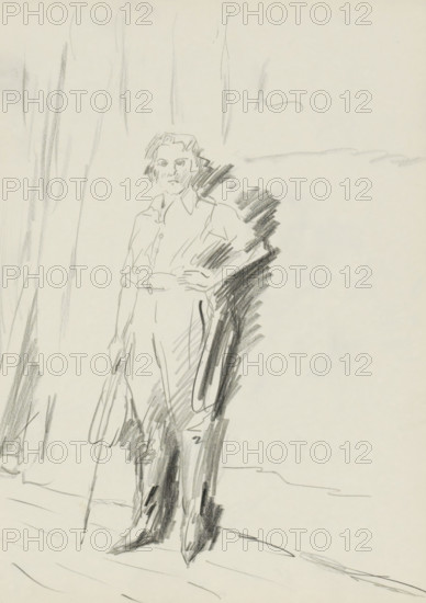 Standing figure in front of a wall or backdrop, sketchbook page, Possibly in a uniform. Sheet 13 verso from sketchbook XVII with 31 sheets., draftsman (artist): Isaac Israels, The Hague, c. 1915 - 1934, draftsman (artist), paper, pencil, height 234 mm x width 308 mm, standing figure, (military) uniforms, the stage and its equipment, A pencil sketch on light paper shows a standing man wearing a long coat with a high collar and visible buttons, his hands held together at waist level, with darker shading along one side of his coat and legs suggesting shadow; his face is lightly detailed with hair and facial features, and loose sketch lines extend around him indicating a floor and vertical background elements.